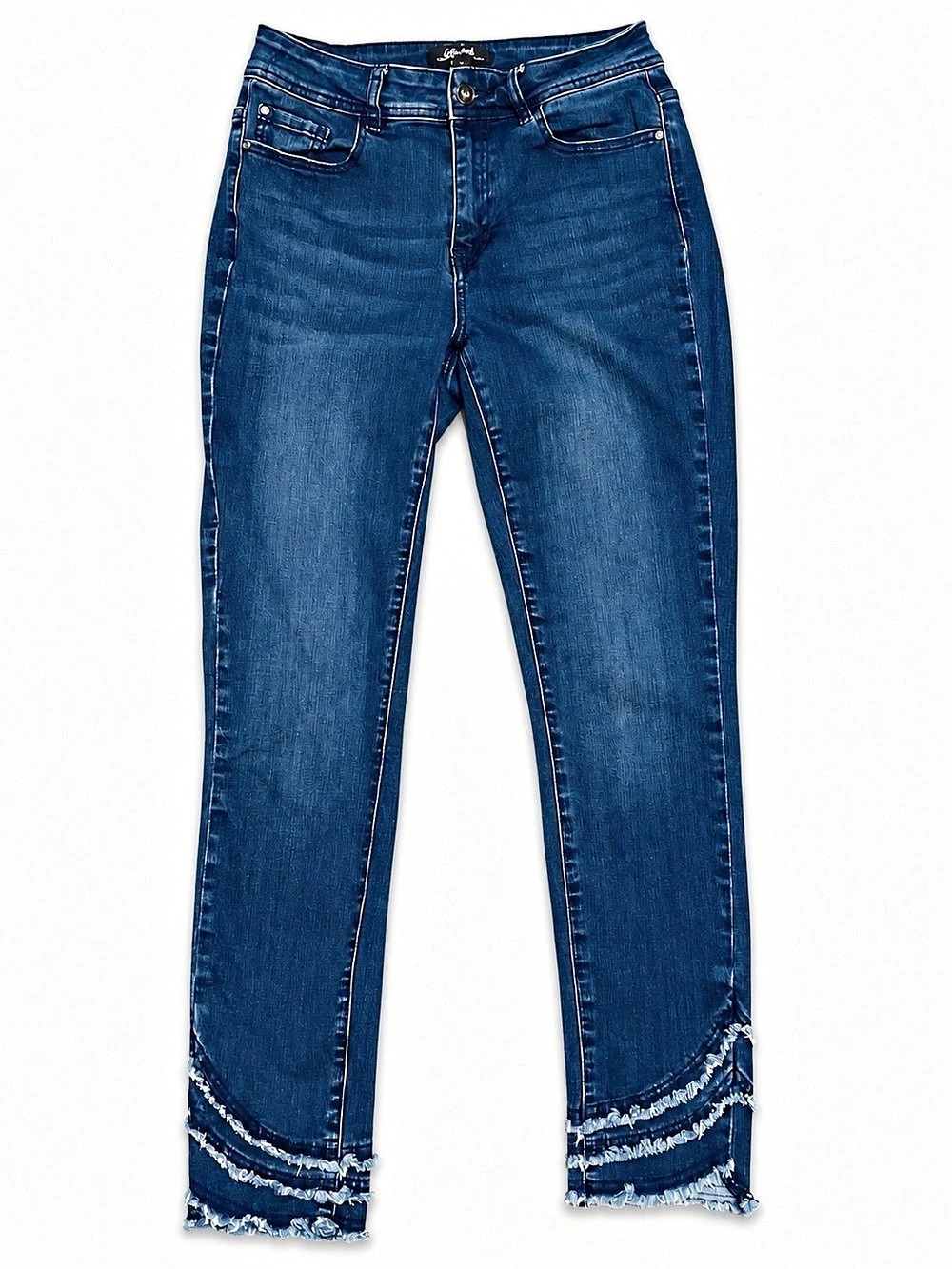 Charlie B Triple Fringe Hem Crop Jeans Womens 4 Blue Denim Slim Leg Tulip Hem